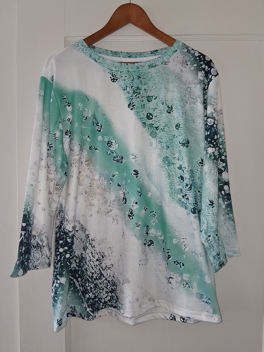 Abstract Watercolor Top XL Teal Turquoise Black Gem‑Shine Print Long Sleeve